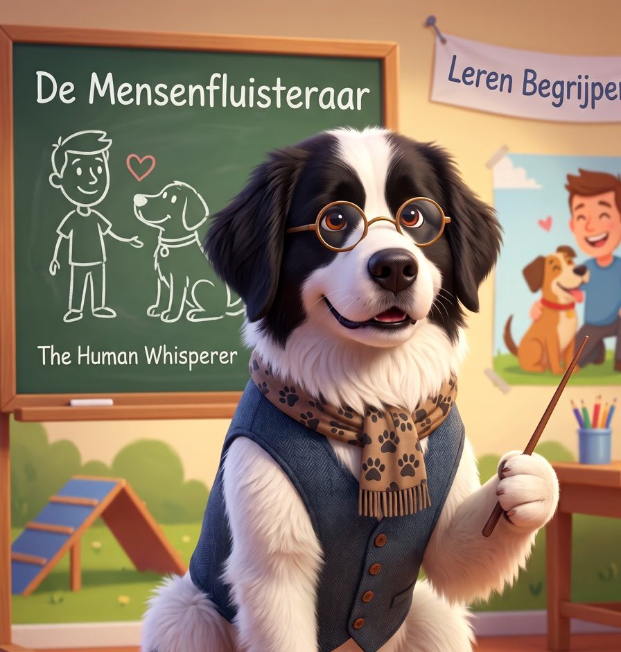 Snoepie, een vrolijke zwart-witte hond met ronde bril, tweed vest en sjaal met pootjes, voor een schoolbord